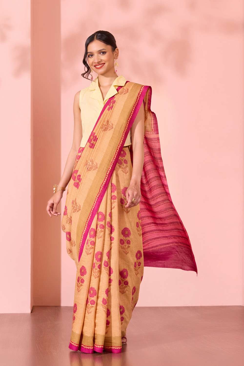 Light Orange  Block Printed Silk Muga Saree image number null