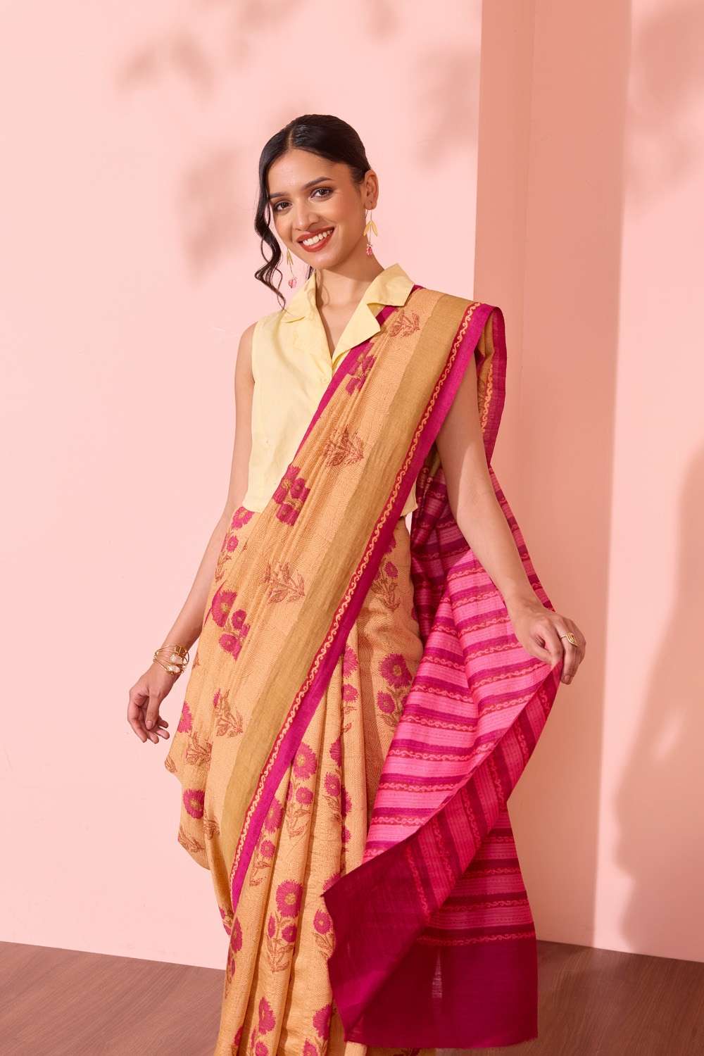 Light Orange  Block Printed Silk Muga Saree image number null