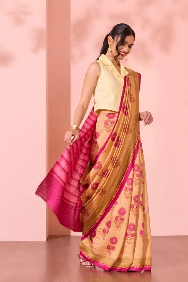 Light Orange  Block Printed Silk Muga Saree thumbnail image number null