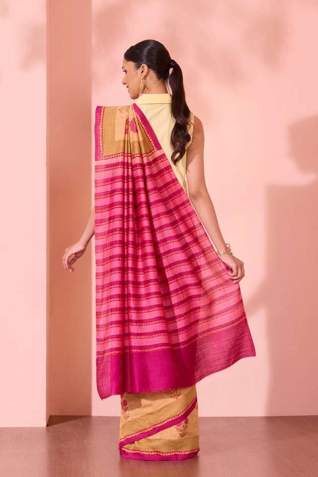 Light Orange  Block Printed Silk Muga Saree thumbnail image number null