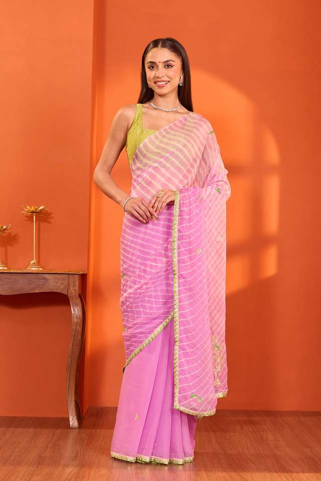 Light Violet Rajasthan Viscose Chiffon Embroidered Saree thumbnail image number null
