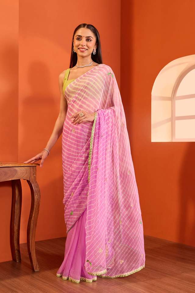 Light Violet Rajasthan Viscose Chiffon Embroidered Saree thumbnail image number null