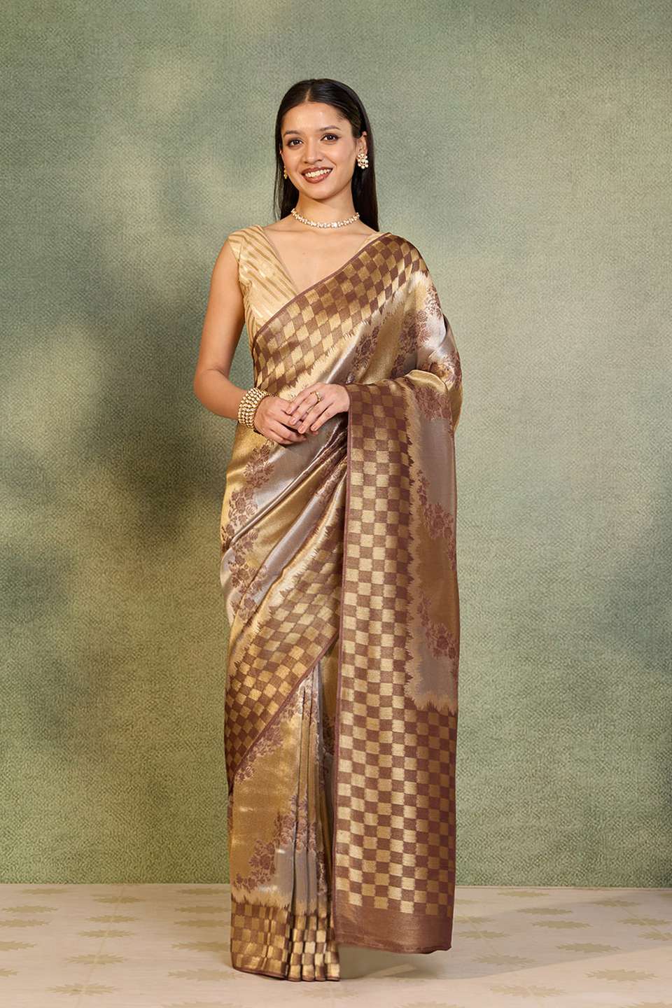 Brown Woven Viscose Tissue Saree