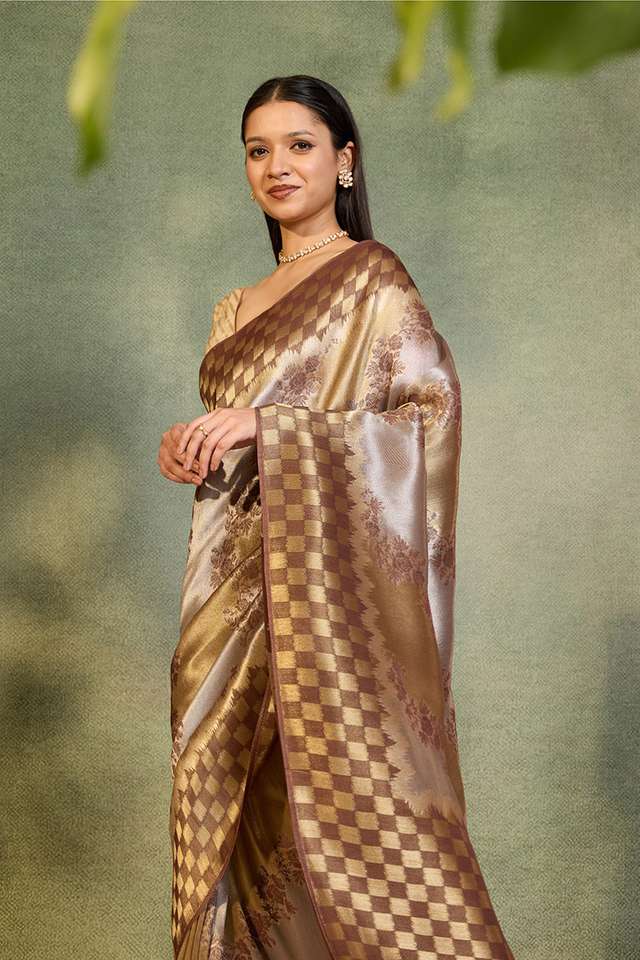 Brown Woven Viscose Tissue Saree thumbnail image number null