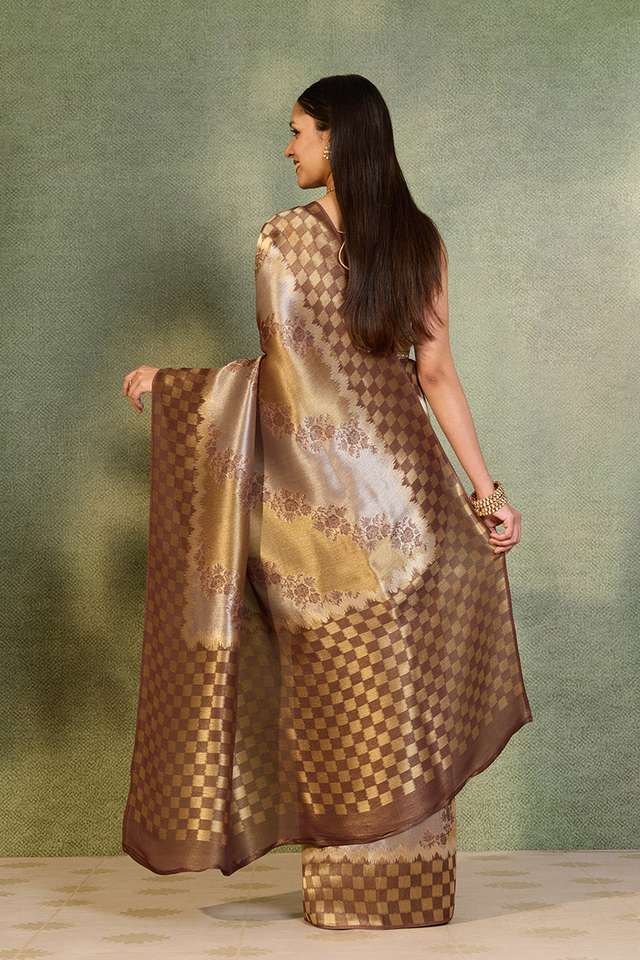 Brown Woven Viscose Tissue Saree thumbnail image number null