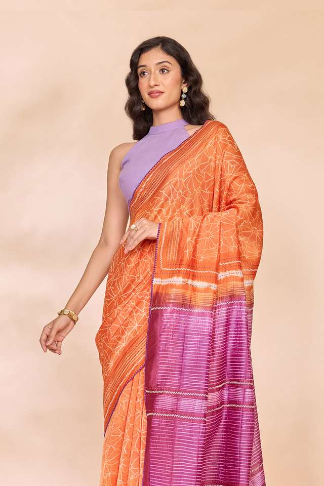 Orange Pure Silk Cotton Tie and Dye Shibori Saree image number