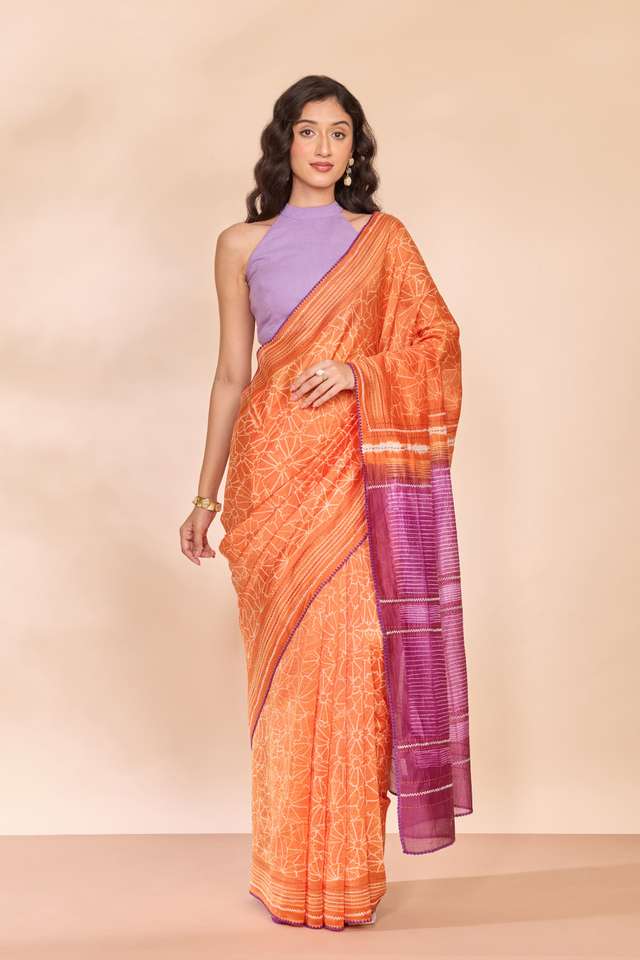 Orange Pure Silk Cotton Tie and Dye Shibori Saree thumbnail image number null