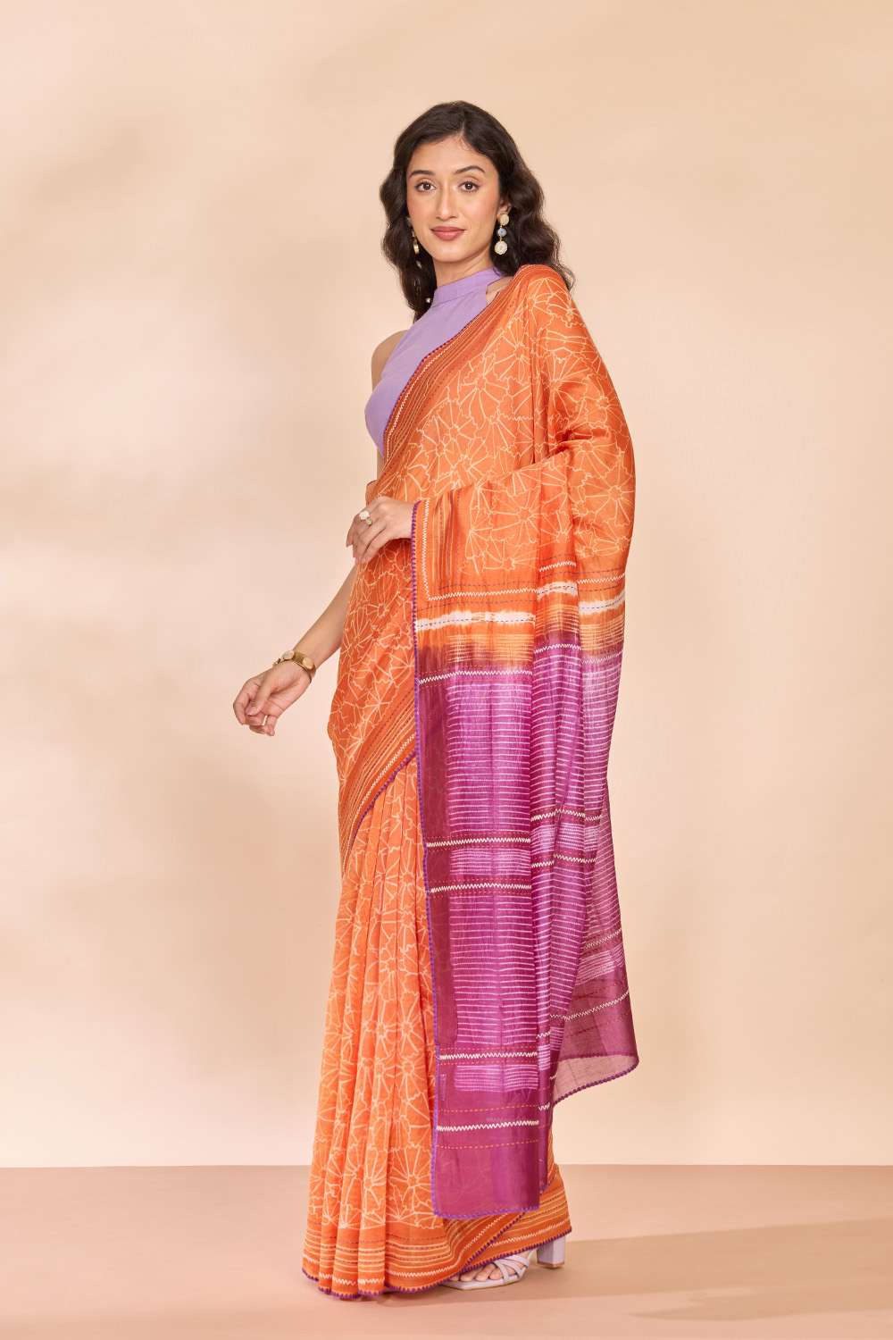 Orange Pure Silk Cotton Tie and Dye Shibori Saree image number null