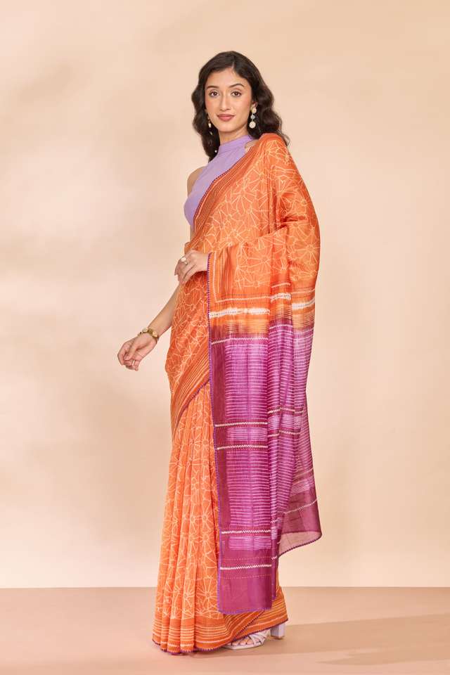 Orange Pure Silk Cotton Tie and Dye Shibori Saree thumbnail image number null