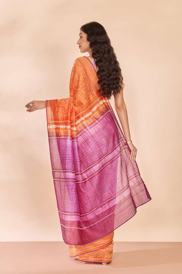 Orange Pure Silk Cotton Tie and Dye Shibori Saree thumbnail image number null