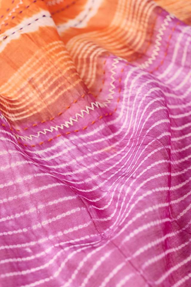 Orange Pure Silk Cotton Tie and Dye Shibori Saree thumbnail image number null