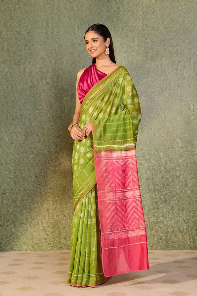 Green Pure Silk Cotton Tie and Dye Shibori Saree thumbnail image number null
