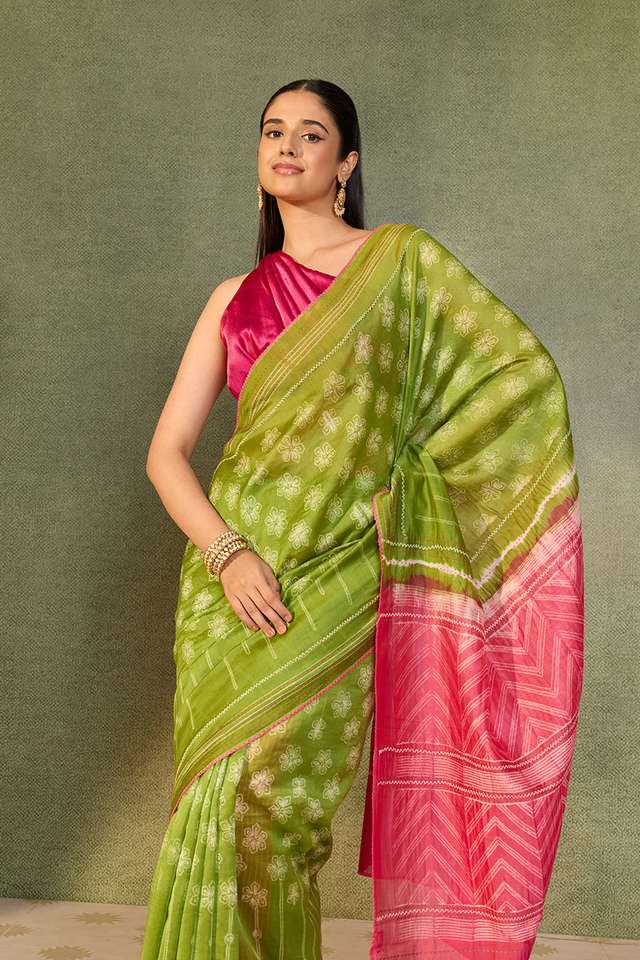 Green Pure Silk Cotton Tie and Dye Shibori Saree thumbnail image number null