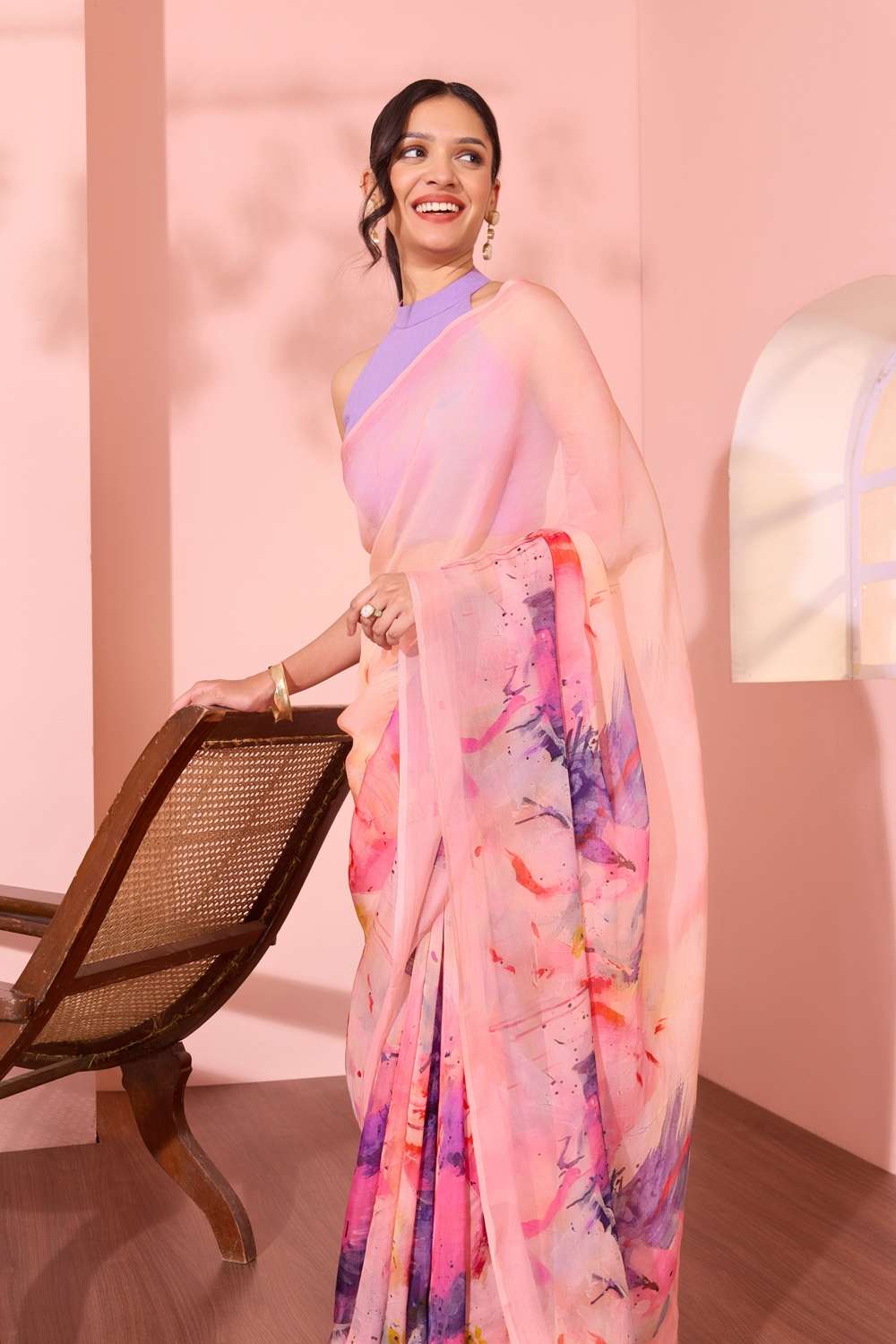 Light Pink  Printed Viscose Organza Saree image number null