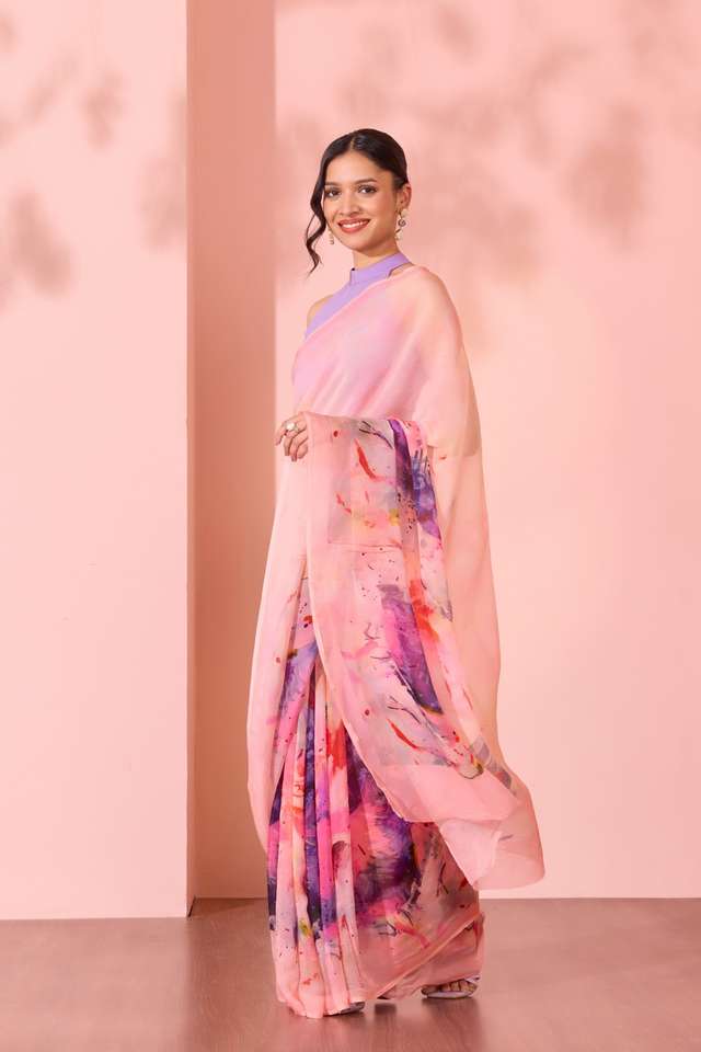 Light Pink  Printed Viscose Organza Saree thumbnail image number null