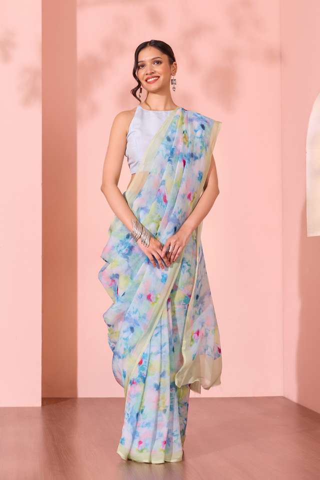 Light Blue  Printed Viscose Organza Saree image number