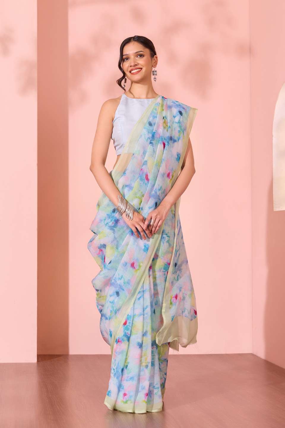 Light Blue  Printed Viscose Organza Saree