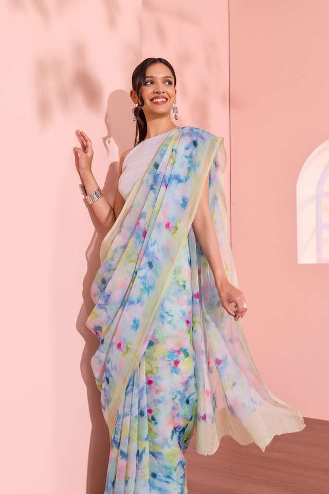 Light Blue  Printed Viscose Organza Saree thumbnail image number null