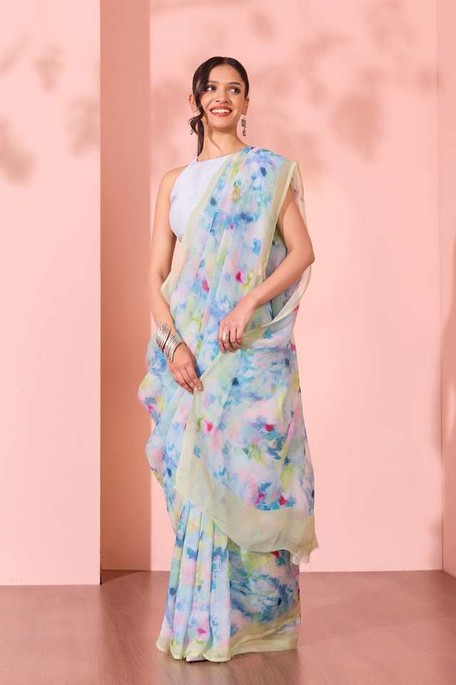 Light Blue  Printed Viscose Organza Saree thumbnail image number null