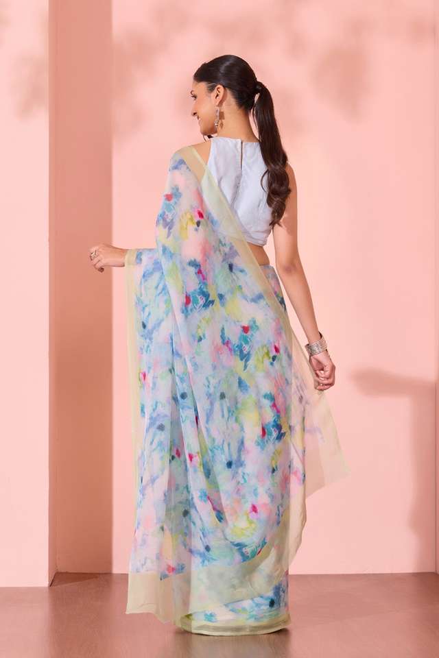 Light Blue  Printed Viscose Organza Saree thumbnail image number null