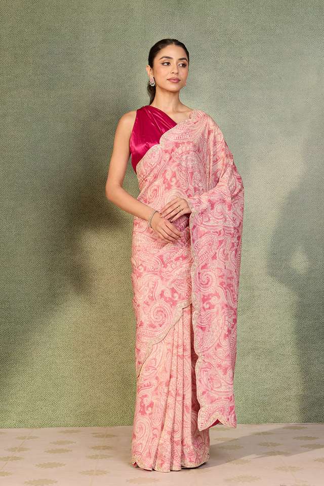 Pink Printed Viscose Tissue Saree image number