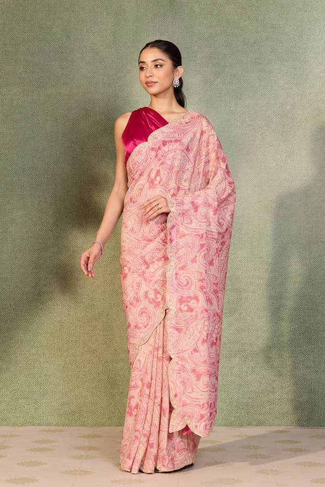 Pink Printed Viscose Tissue Saree thumbnail image number null