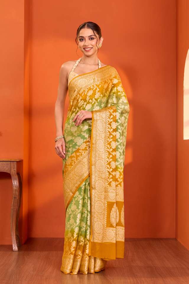 Green Pure Silk Georgette Cutwork Banarasi Saree image number