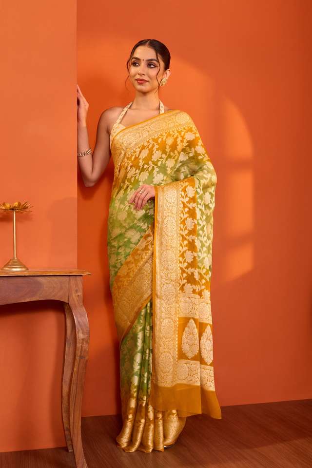Green Pure Silk Georgette Cutwork Banarasi Saree thumbnail image number null