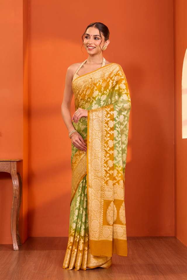 Green Pure Silk Georgette Cutwork Banarasi Saree thumbnail image number null