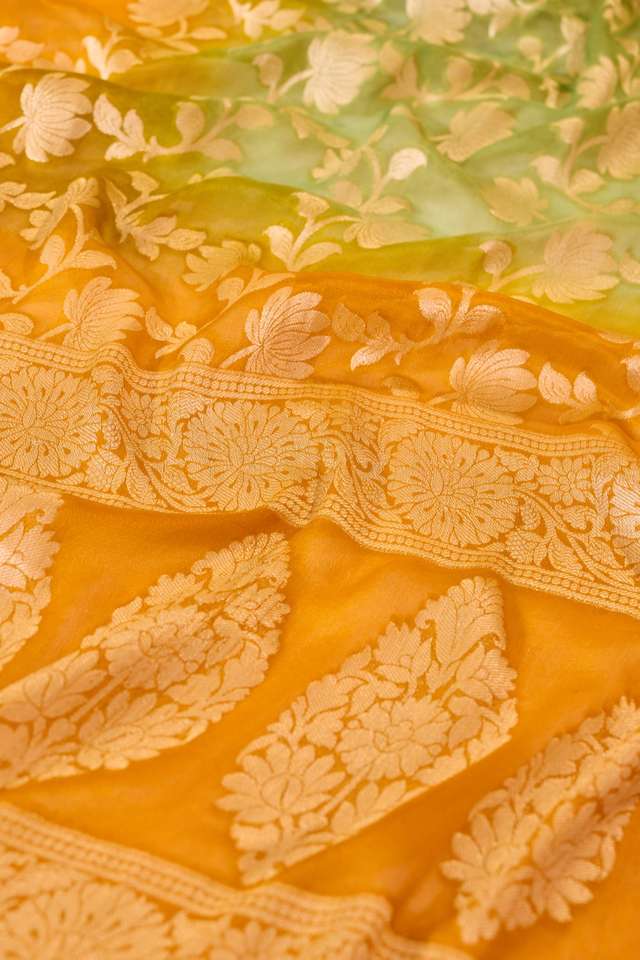 Green Pure Silk Georgette Cutwork Banarasi Saree thumbnail image number null