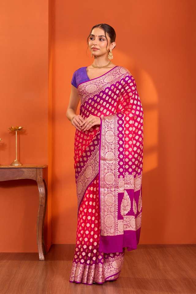 Pink Pure Silk Georgette Cutwork Banarasi Saree thumbnail image number null