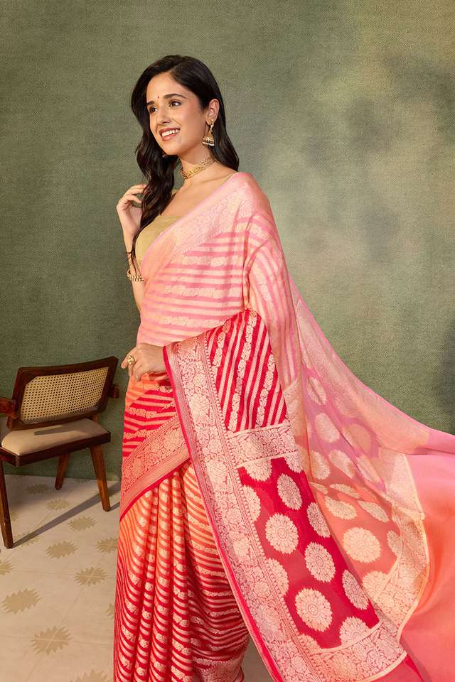 Pink Pure Silk Georgette Cutwork Banarasi Saree thumbnail image number null
