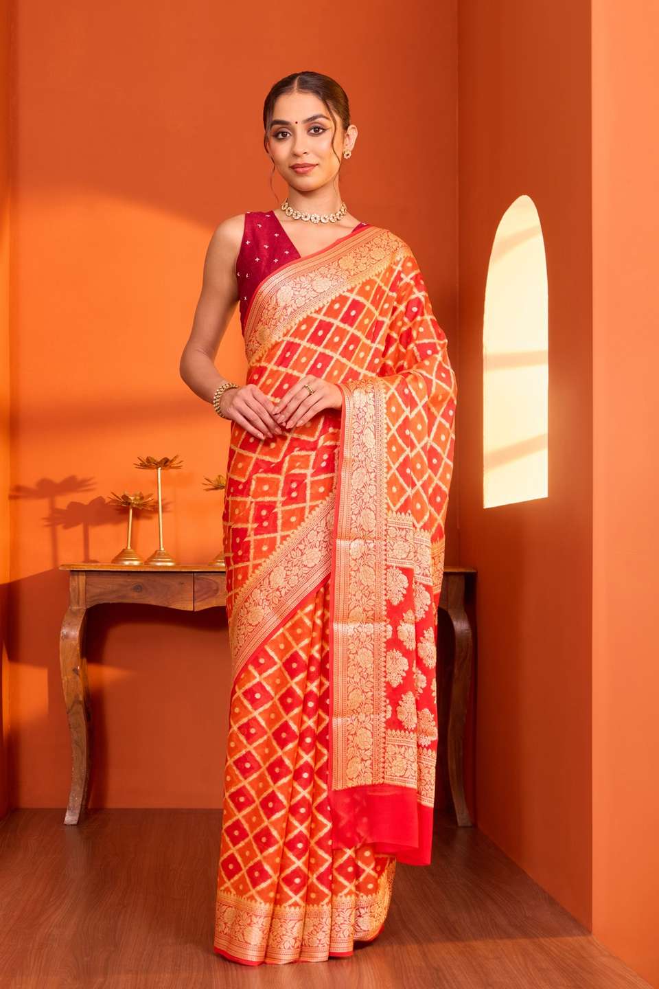 Orange Pure Silk Georgette Cutwork Banarasi Saree
