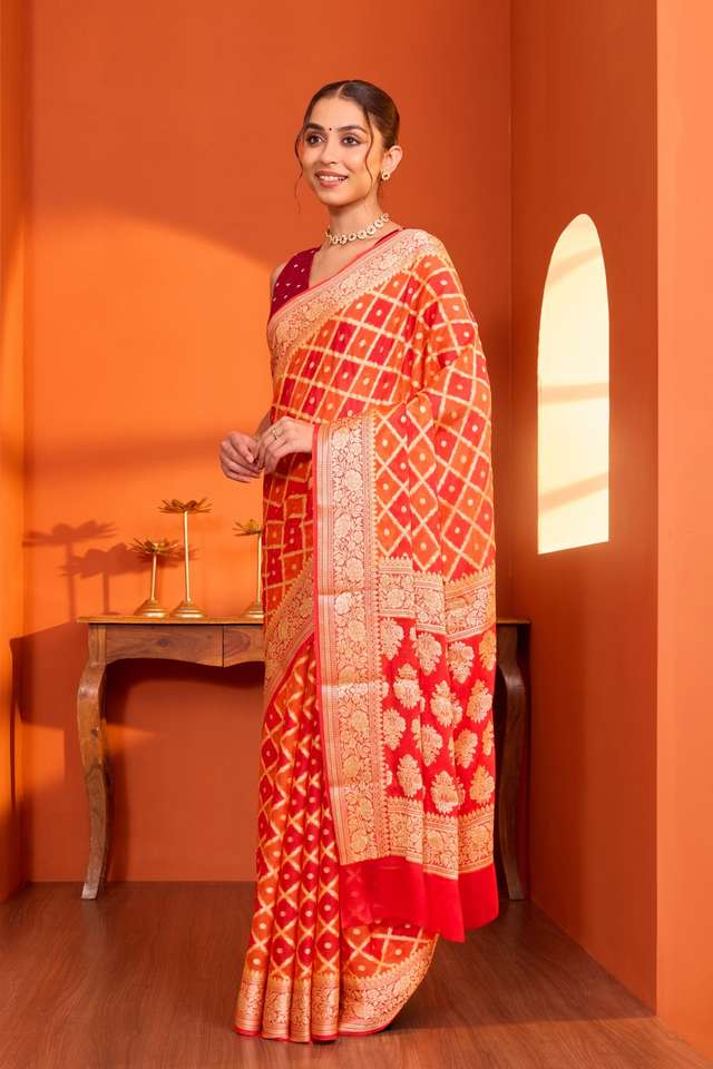 Orange Pure Silk Georgette Cutwork Banarasi Saree thumbnail image number null