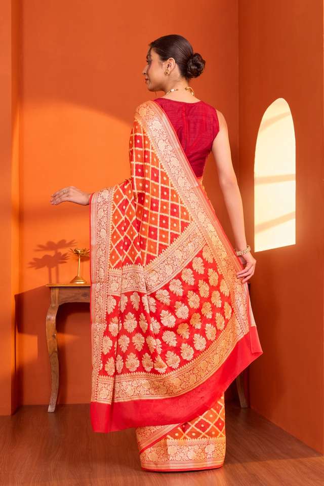 Orange Pure Silk Georgette Cutwork Banarasi Saree thumbnail image number null