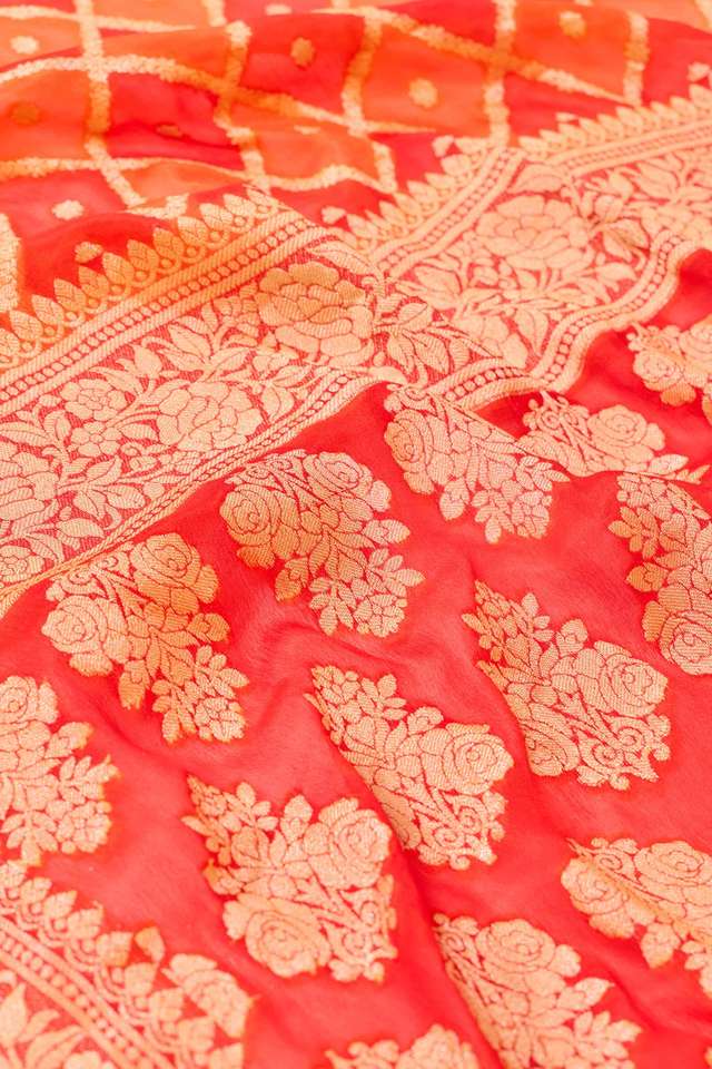 Orange Pure Silk Georgette Cutwork Banarasi Saree thumbnail image number null