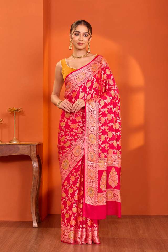 Pink Pure Silk Georgette Cutwork Banarasi Saree image number