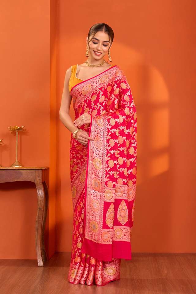 Pink Pure Silk Georgette Cutwork Banarasi Saree thumbnail image number null