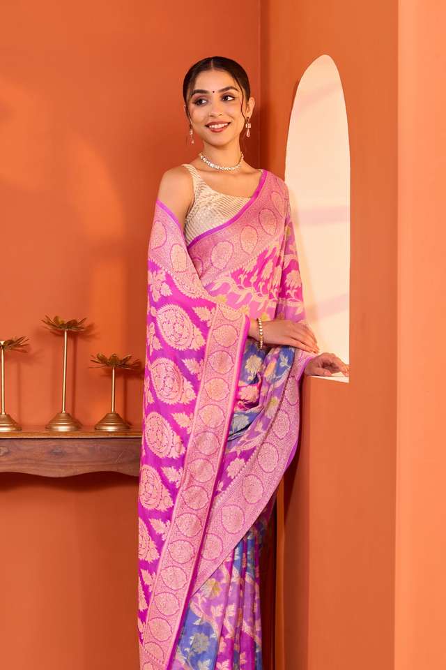 Multi Pure Silk Georgette Cutwork Banarasi Saree thumbnail image number null