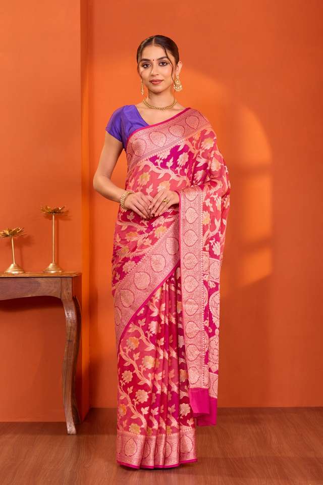 Pink Pure Silk Georgette Cutwork Banarasi Saree image number