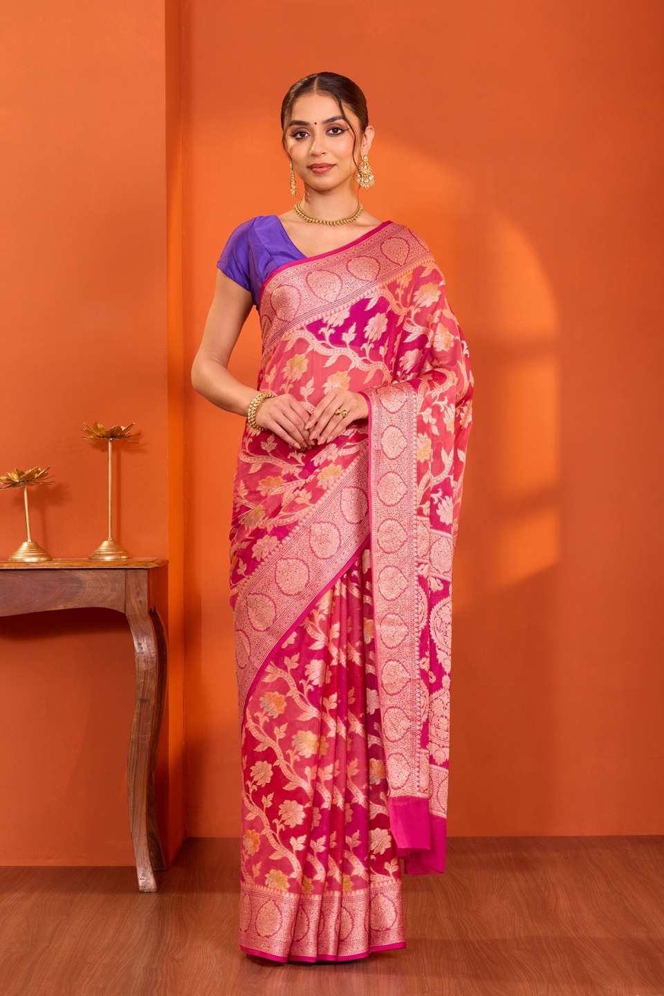 Pink Pure Silk Georgette Cutwork Banarasi Saree