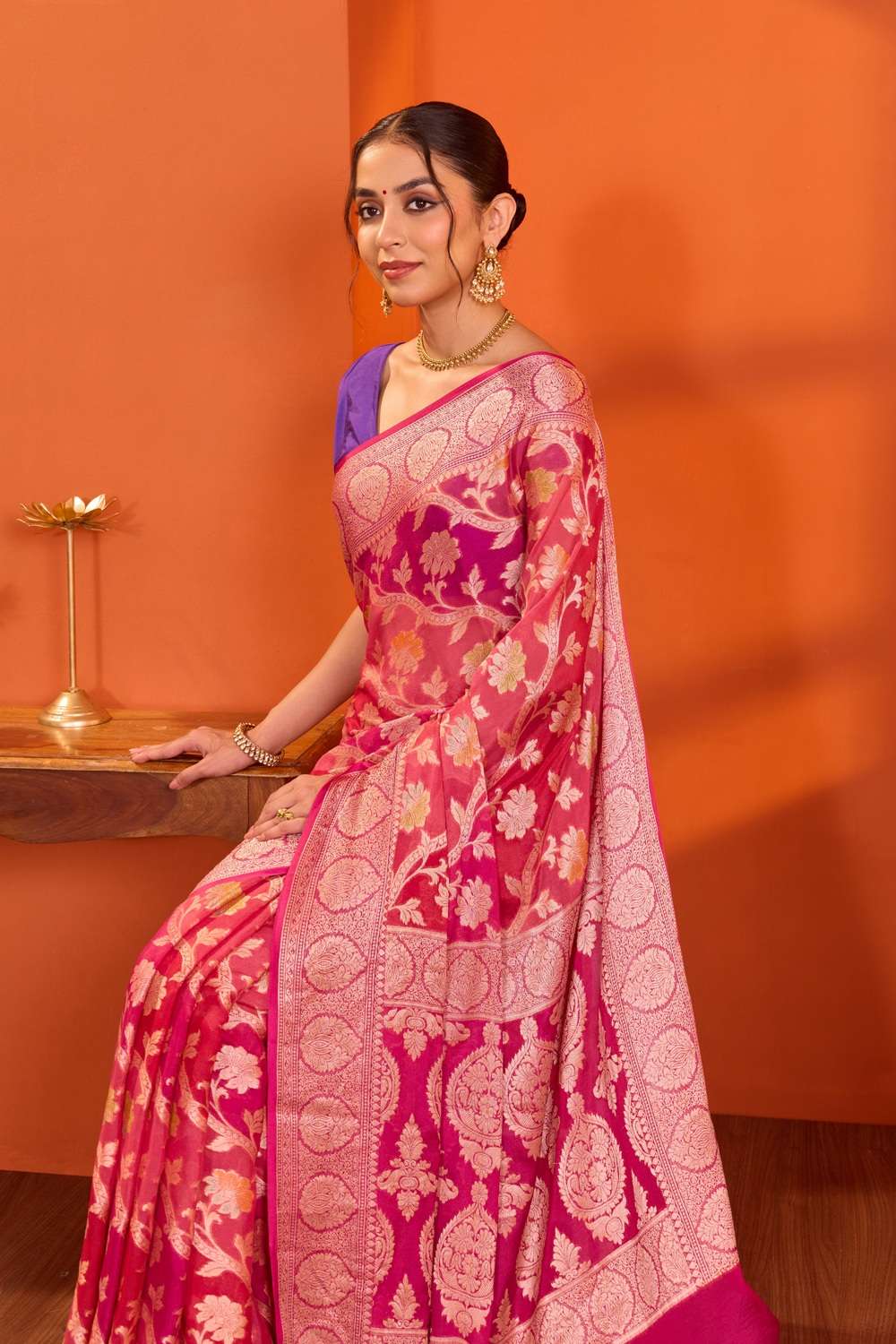 Pink Pure Silk Georgette Cutwork Banarasi Saree image number null