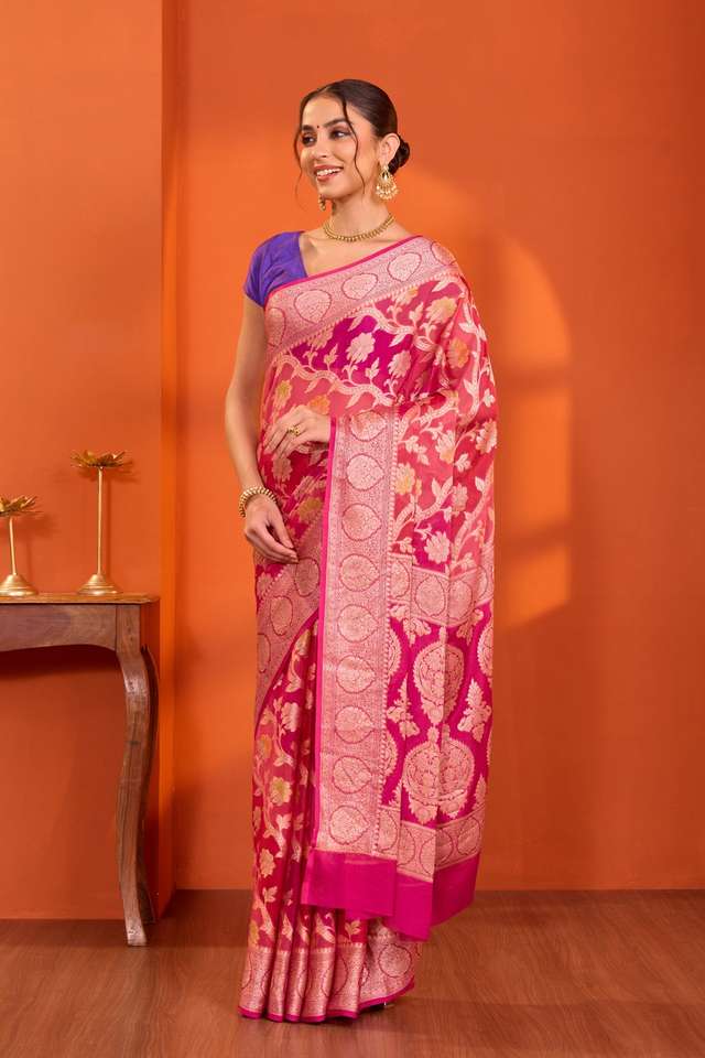 Pink Pure Silk Georgette Cutwork Banarasi Saree thumbnail image number null