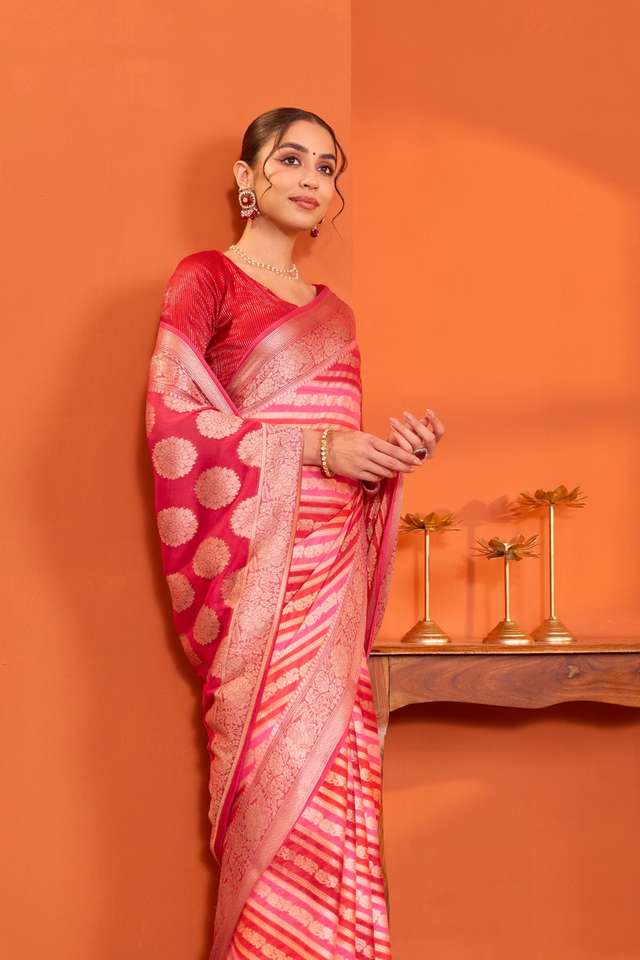 Pink Pure Silk Georgette Cutwork Banarasi Saree thumbnail image number null