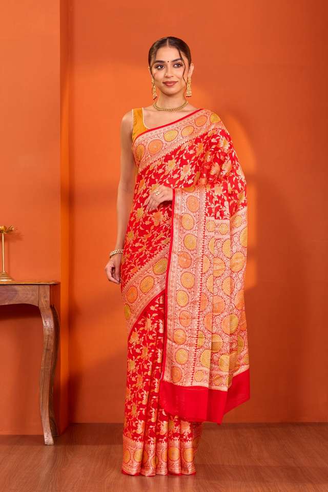 Red Pure Silk Georgette Cutwork Banarasi Saree image number