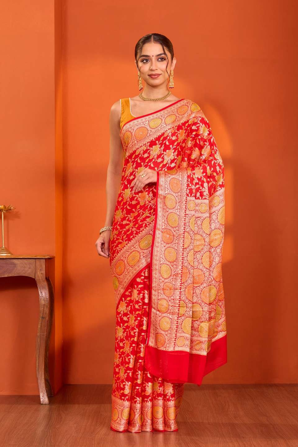 Red Pure Silk Georgette Cutwork Banarasi Saree