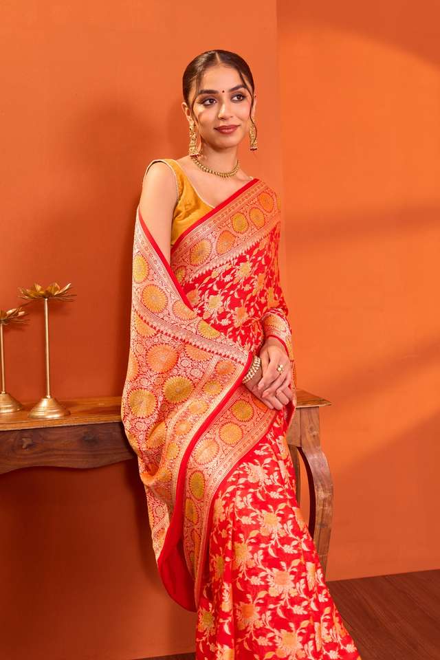 Red Pure Silk Georgette Cutwork Banarasi Saree thumbnail image number null