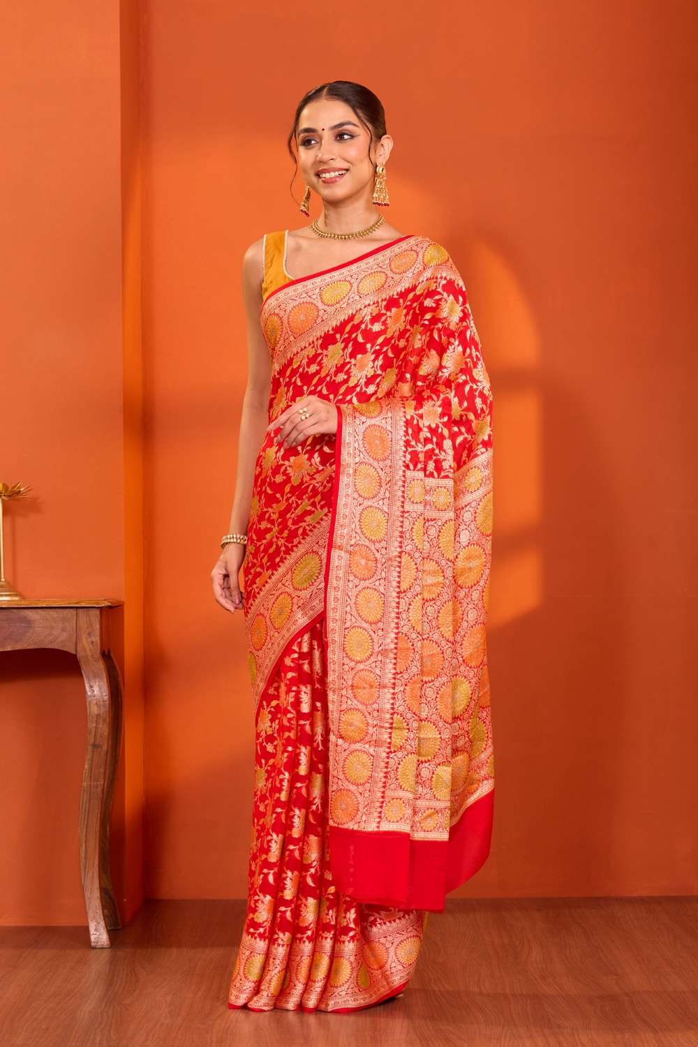 Red Pure Silk Georgette Cutwork Banarasi Saree image number null