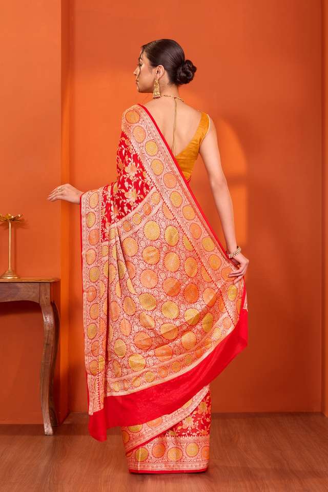 Red Pure Silk Georgette Cutwork Banarasi Saree thumbnail image number null