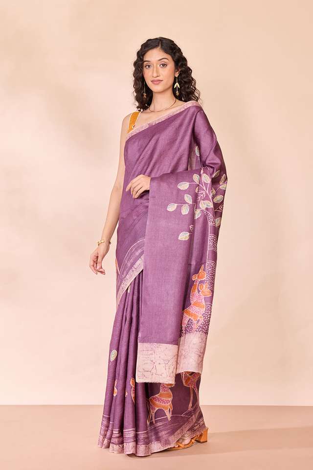 Purple Batik Pure Tussar Silk Saree thumbnail image number null